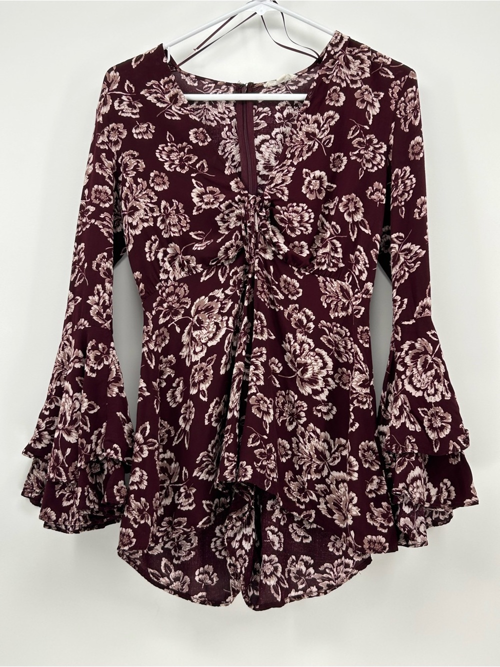Cotton Candy Burgundy Floral Ruched Bell Sleeve Blouse